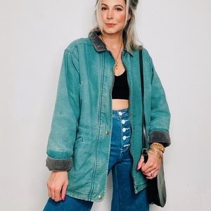 VINTAGE | Oversized Corduroy Sherpa Lined Insulated Chambray Washed Teal Coat